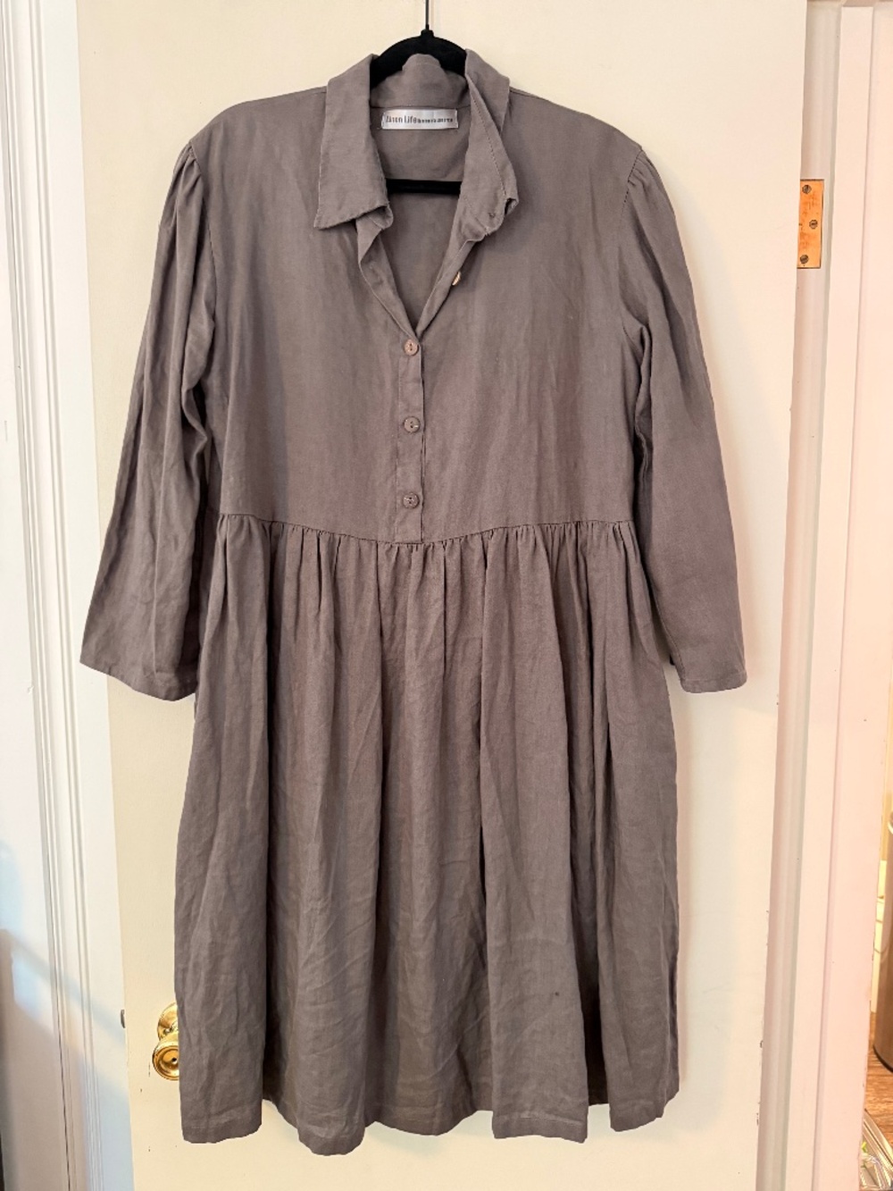 Linen Life Handmade Linen Midi Dress Taupe Large Collared Pockets - large
